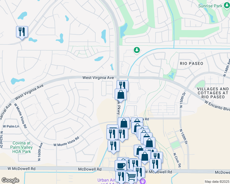 map of restaurants, bars, coffee shops, grocery stores, and more near 15550 West Harvard Street in Goodyear