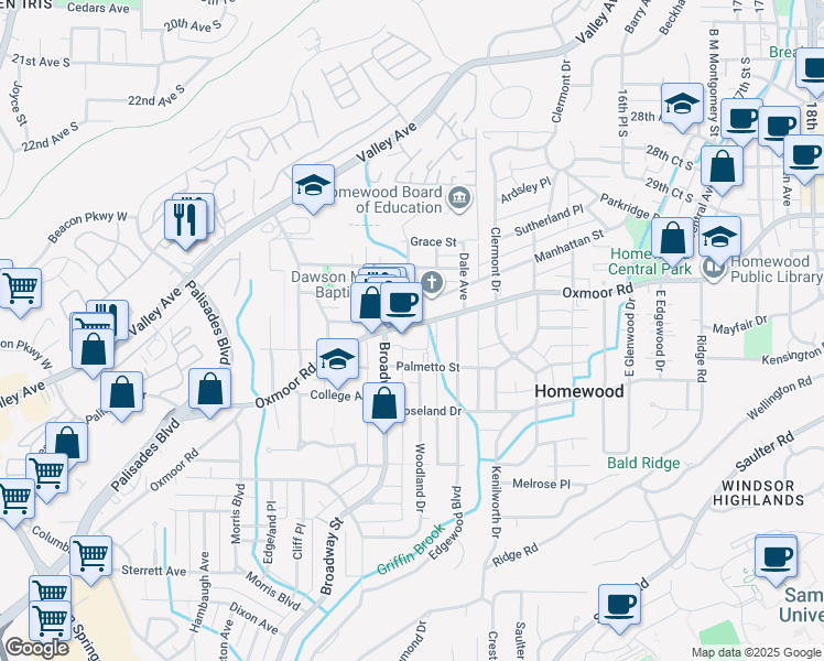 map of restaurants, bars, coffee shops, grocery stores, and more near 1023 Oxmoor Road in Birmingham