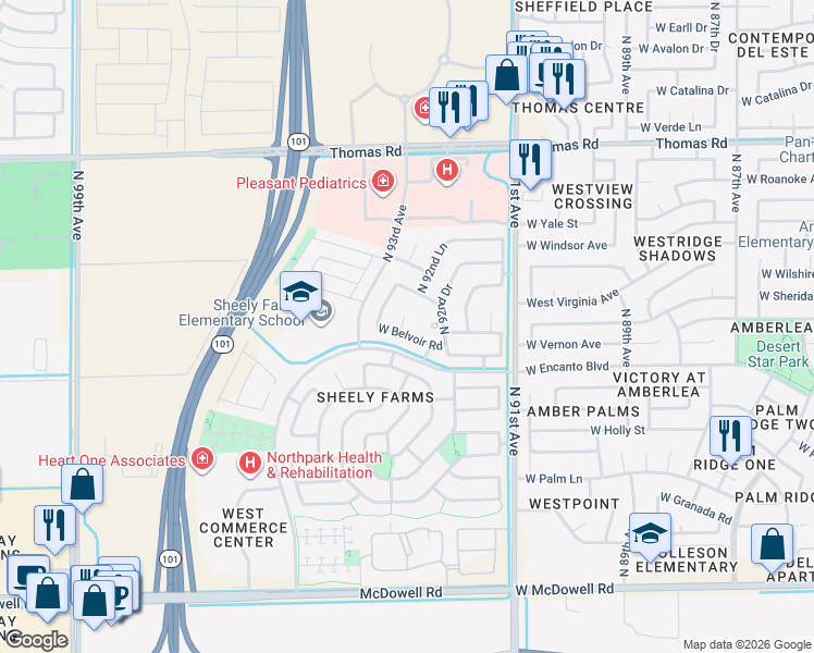 map of restaurants, bars, coffee shops, grocery stores, and more near 2207 North 92nd Glen in Phoenix
