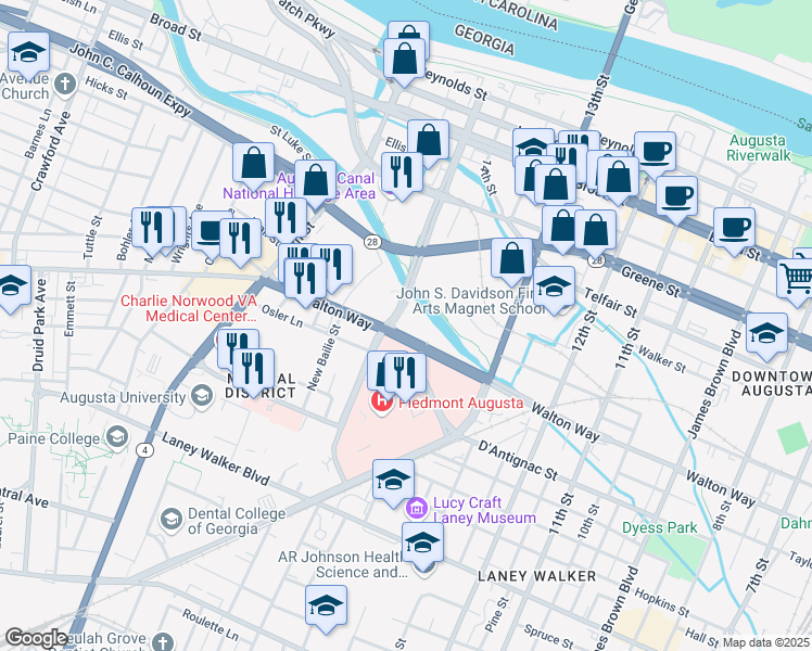 map of restaurants, bars, coffee shops, grocery stores, and more near 1399 Walton Way in Augusta