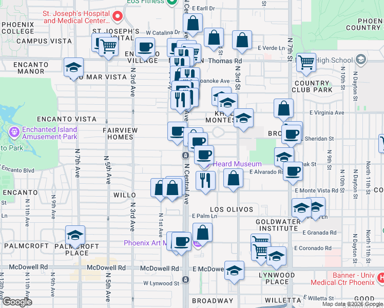 map of restaurants, bars, coffee shops, grocery stores, and more near 2323 North Central Avenue in Phoenix