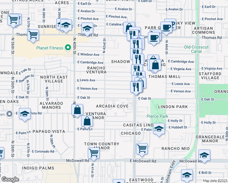 map of restaurants, bars, coffee shops, grocery stores, and more near 4227 East Vernon Avenue in Phoenix
