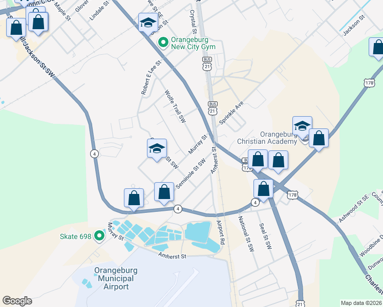 map of restaurants, bars, coffee shops, grocery stores, and more near 237 Murray Road Southwest in Orangeburg