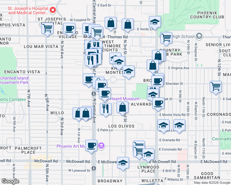 map of restaurants, bars, coffee shops, grocery stores, and more near 55 East Vernon Avenue in Phoenix