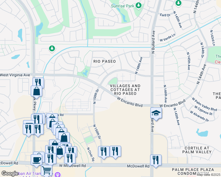 map of restaurants, bars, coffee shops, grocery stores, and more near 14967 West Wilshire Drive in Goodyear