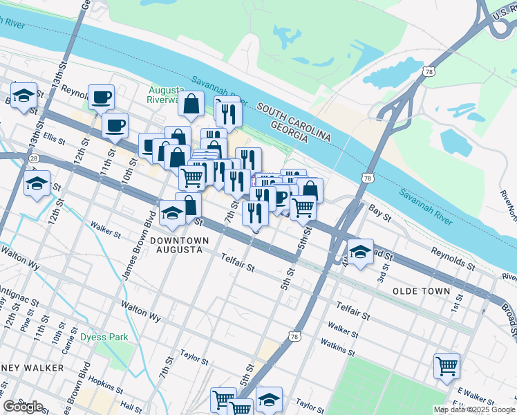 map of restaurants, bars, coffee shops, grocery stores, and more near 608 Broad Street in Augusta