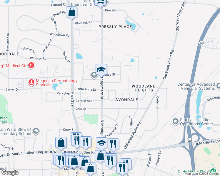 map of restaurants, bars, coffee shops, grocery stores, and more near 101-399 Margaretta Drive in Starkville