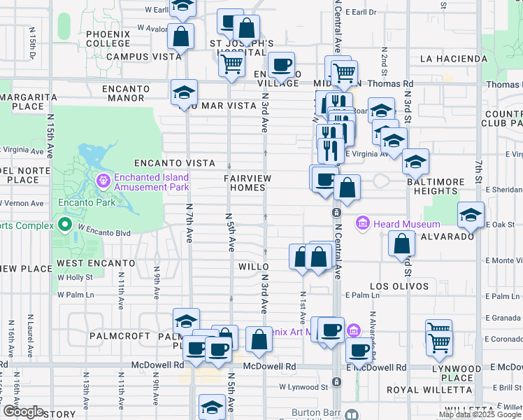 map of restaurants, bars, coffee shops, grocery stores, and more near 301 West Vernon Avenue in Phoenix