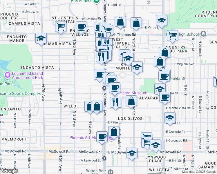 map of restaurants, bars, coffee shops, grocery stores, and more near 23 East Vernon Avenue in Phoenix