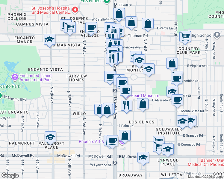 map of restaurants, bars, coffee shops, grocery stores, and more near 2323 North Central Avenue in Phoenix