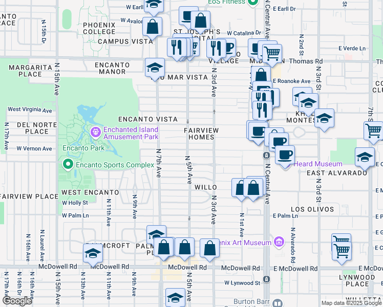 map of restaurants, bars, coffee shops, grocery stores, and more near 341 West Vernon Avenue in Phoenix