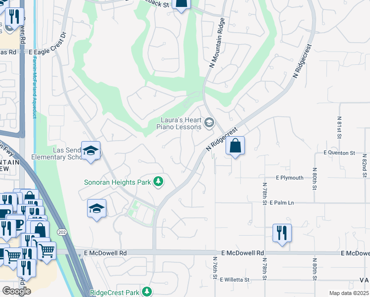 map of restaurants, bars, coffee shops, grocery stores, and more near 3060 North Ridgecrest in Mesa