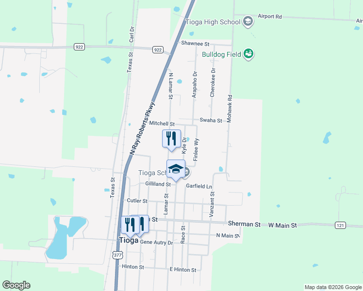map of restaurants, bars, coffee shops, grocery stores, and more near 609 North Lamar Street in Tioga