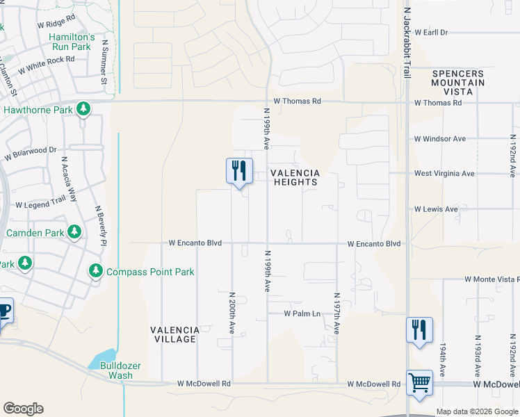 map of restaurants, bars, coffee shops, grocery stores, and more near 2988 North 199th Avenue in Buckeye