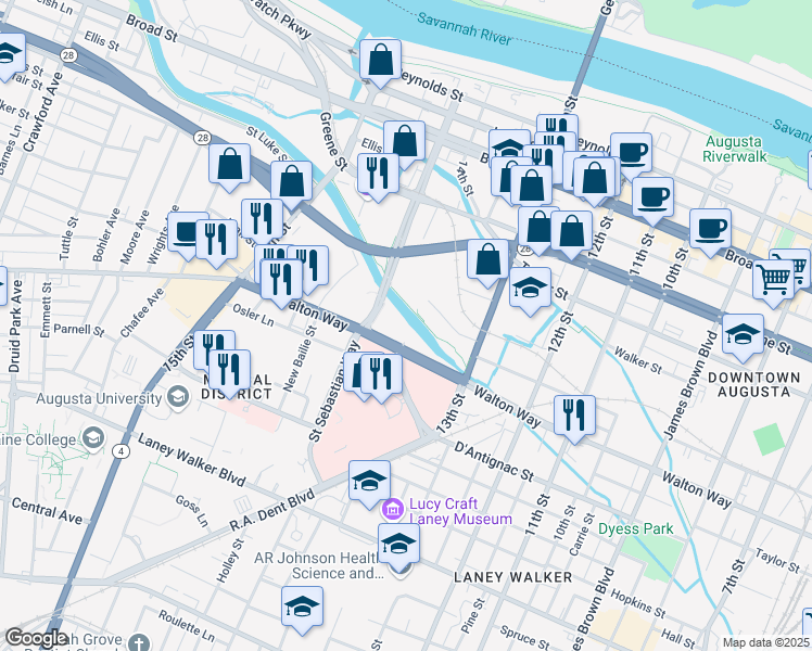 map of restaurants, bars, coffee shops, grocery stores, and more near 1351 Walton Way in Augusta