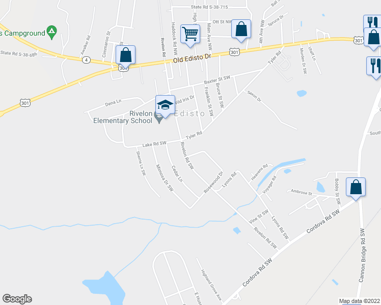map of restaurants, bars, coffee shops, grocery stores, and more near 407 Rivelon Road in Orangeburg