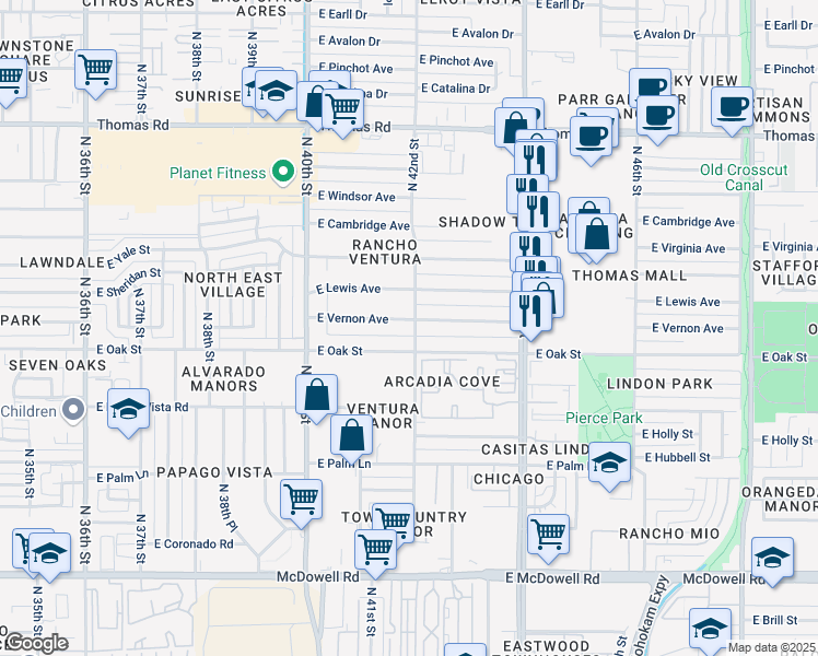 map of restaurants, bars, coffee shops, grocery stores, and more near 4141 East Vernon Avenue in Phoenix