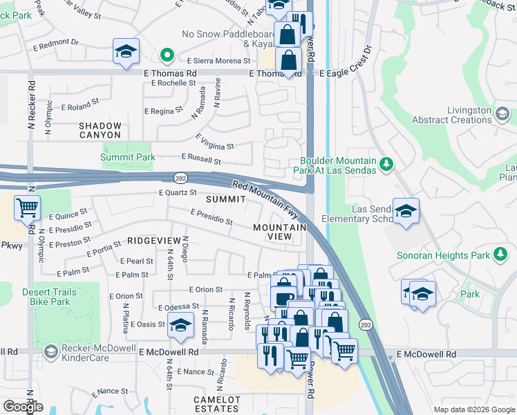map of restaurants, bars, coffee shops, grocery stores, and more near 6629 East Quartz Street in Mesa