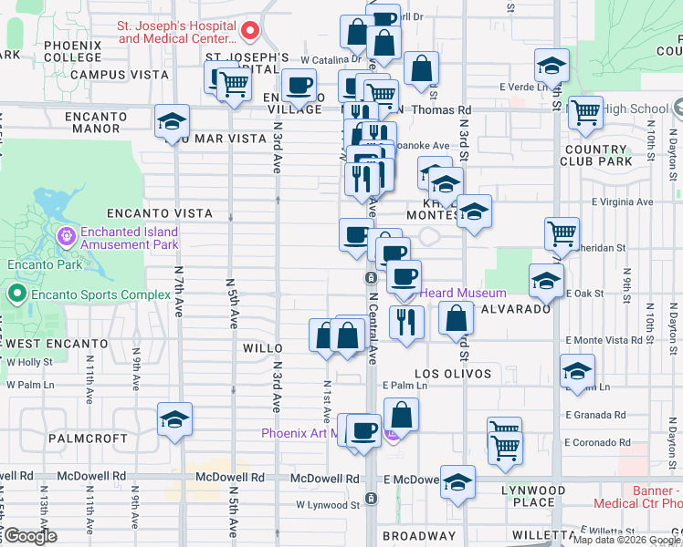 map of restaurants, bars, coffee shops, grocery stores, and more near 29 West Vernon Avenue in Phoenix