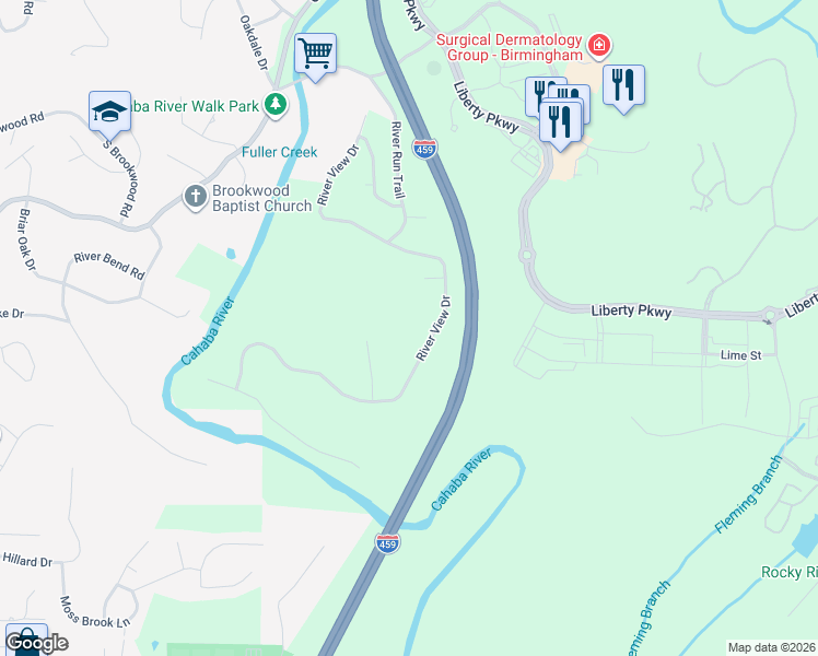 map of restaurants, bars, coffee shops, grocery stores, and more near 3928 River View Drive in Vestavia Hills