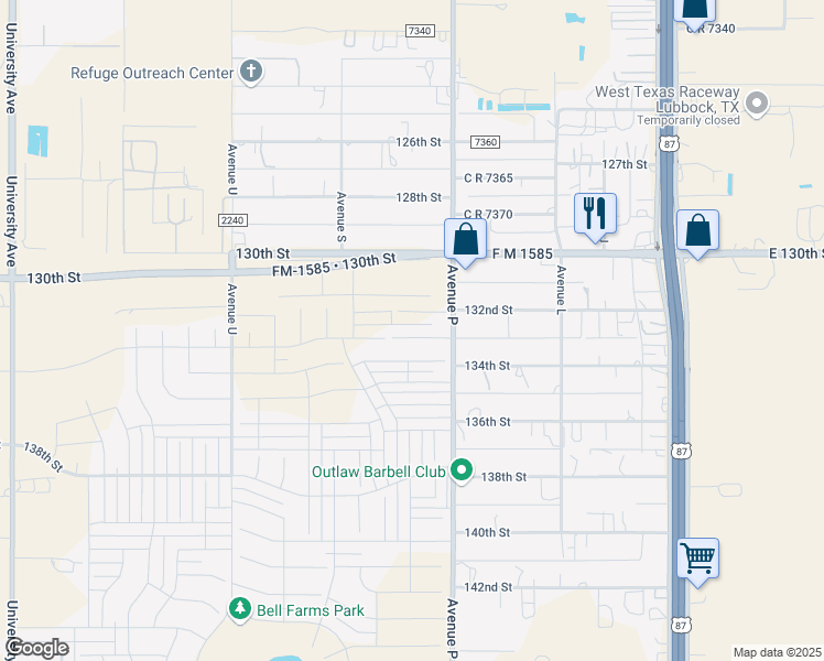 map of restaurants, bars, coffee shops, grocery stores, and more near 13200-13314 C R 2300 in Lubbock