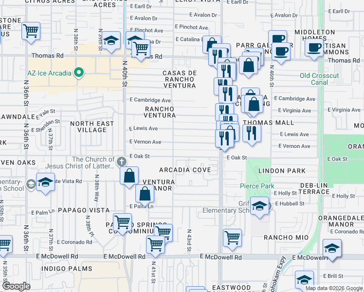 map of restaurants, bars, coffee shops, grocery stores, and more near 4227 East Vernon Avenue in Phoenix