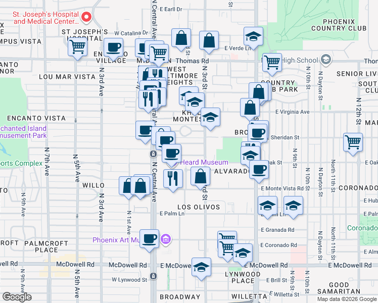 map of restaurants, bars, coffee shops, grocery stores, and more near 55 East Vernon Avenue in Phoenix