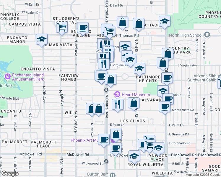 map of restaurants, bars, coffee shops, grocery stores, and more near 23 East Vernon Avenue in Phoenix