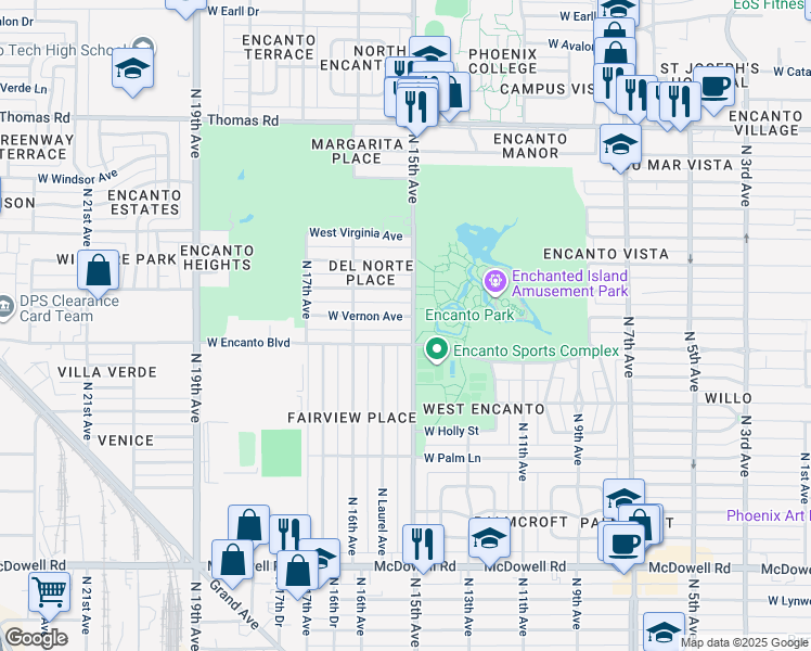 map of restaurants, bars, coffee shops, grocery stores, and more near 1511 West Vernon Avenue in Phoenix