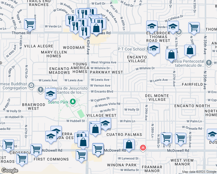 map of restaurants, bars, coffee shops, grocery stores, and more near 4138 West Vernon Avenue in Phoenix