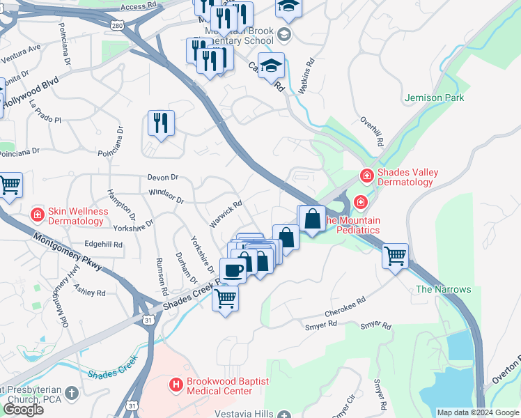map of restaurants, bars, coffee shops, grocery stores, and more near 710 Briscoe Road in Birmingham
