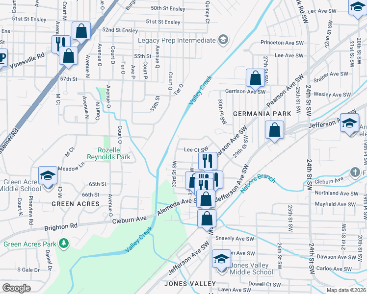 map of restaurants, bars, coffee shops, grocery stores, and more near 1004 33rd Street Southwest in Birmingham