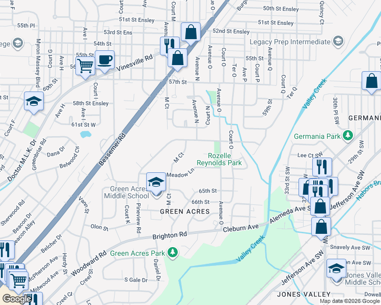 map of restaurants, bars, coffee shops, grocery stores, and more near 6118 Court M in Birmingham