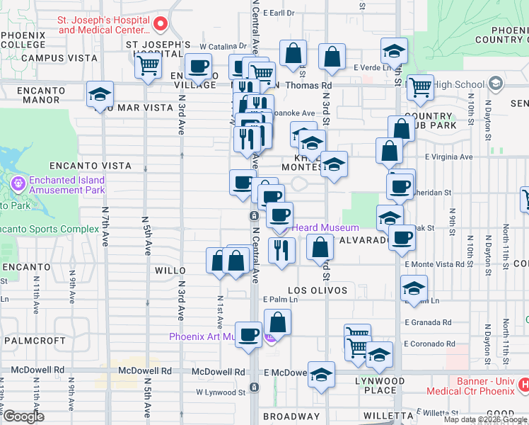 map of restaurants, bars, coffee shops, grocery stores, and more near 23 East Vernon Avenue in Phoenix