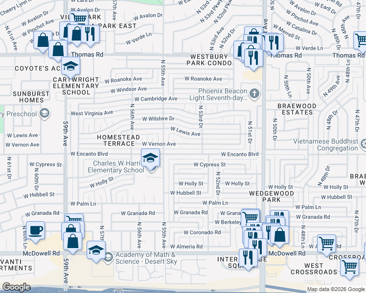 map of restaurants, bars, coffee shops, grocery stores, and more near 5413 West Vernon Avenue in Phoenix