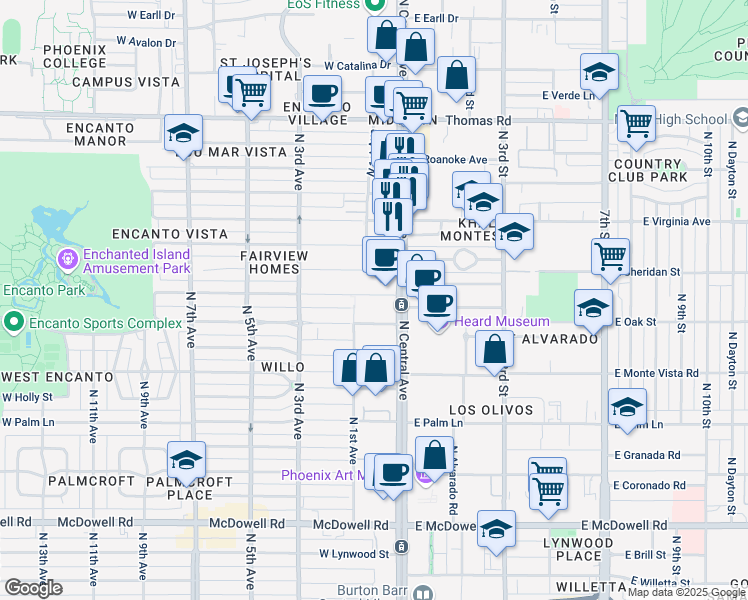 map of restaurants, bars, coffee shops, grocery stores, and more near 29 West Vernon Avenue in Phoenix
