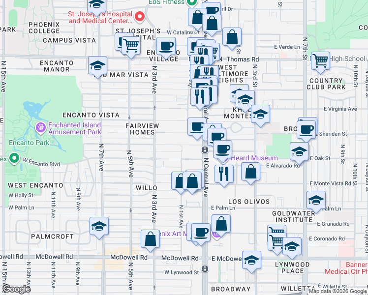 map of restaurants, bars, coffee shops, grocery stores, and more near 29 West Vernon Avenue in Phoenix