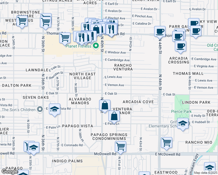 map of restaurants, bars, coffee shops, grocery stores, and more near 4017 East Vernon Avenue in Phoenix