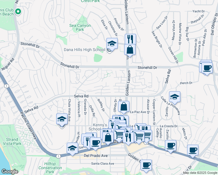 map of restaurants, bars, coffee shops, grocery stores, and more near 33664 Discovery Drive in Dana Point