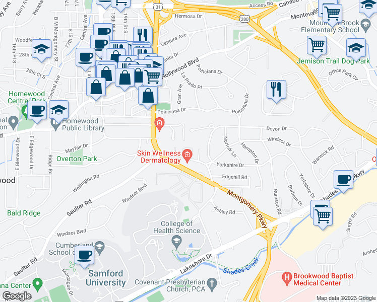 map of restaurants, bars, coffee shops, grocery stores, and more near 3325 Old Montgomery Highway in Homewood