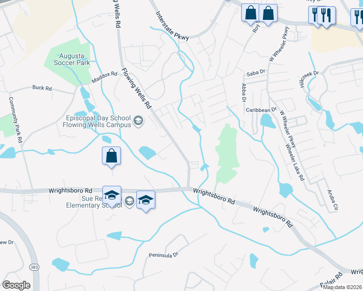 map of restaurants, bars, coffee shops, grocery stores, and more near 1408 Flowing Wells Road in Augusta