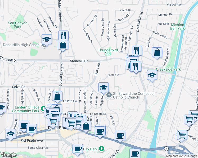 map of restaurants, bars, coffee shops, grocery stores, and more near 33641 Via Martos in Dana Point
