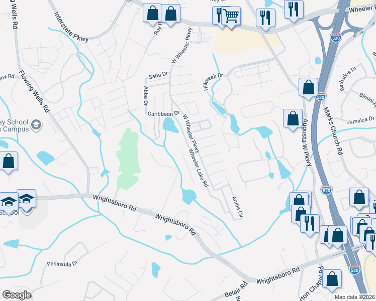 map of restaurants, bars, coffee shops, grocery stores, and more near 5062 Wheeler Lake Road in Augusta