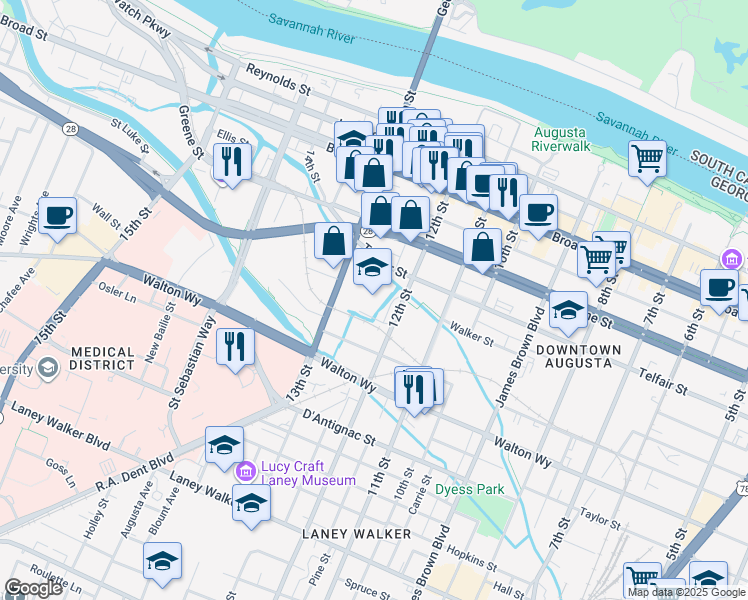 map of restaurants, bars, coffee shops, grocery stores, and more near 615 12th Street in Augusta