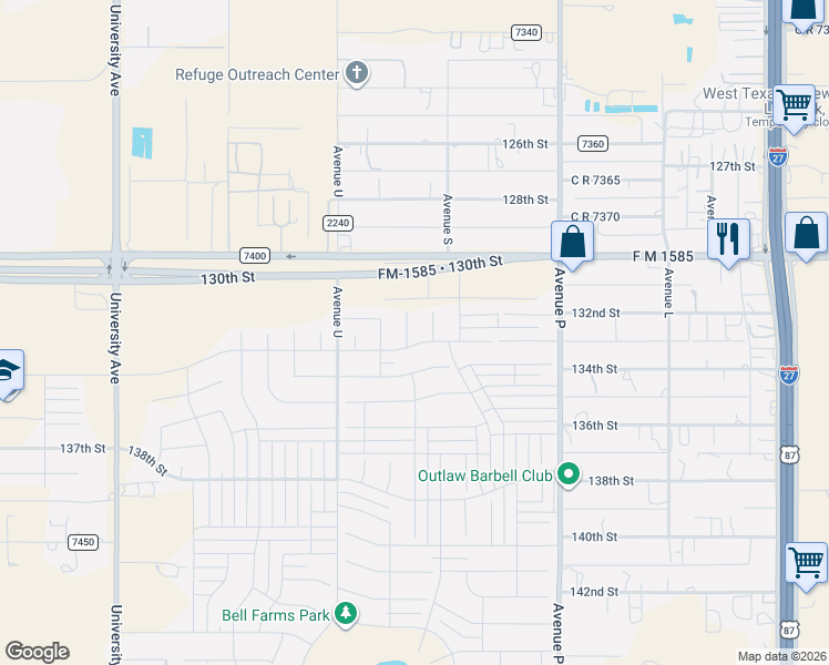 map of restaurants, bars, coffee shops, grocery stores, and more near 1901 FM 1585 in Lubbock