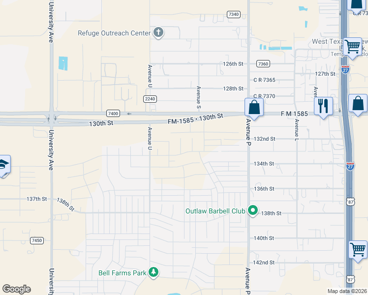 map of restaurants, bars, coffee shops, grocery stores, and more near 1901 FM 1585 in Lubbock