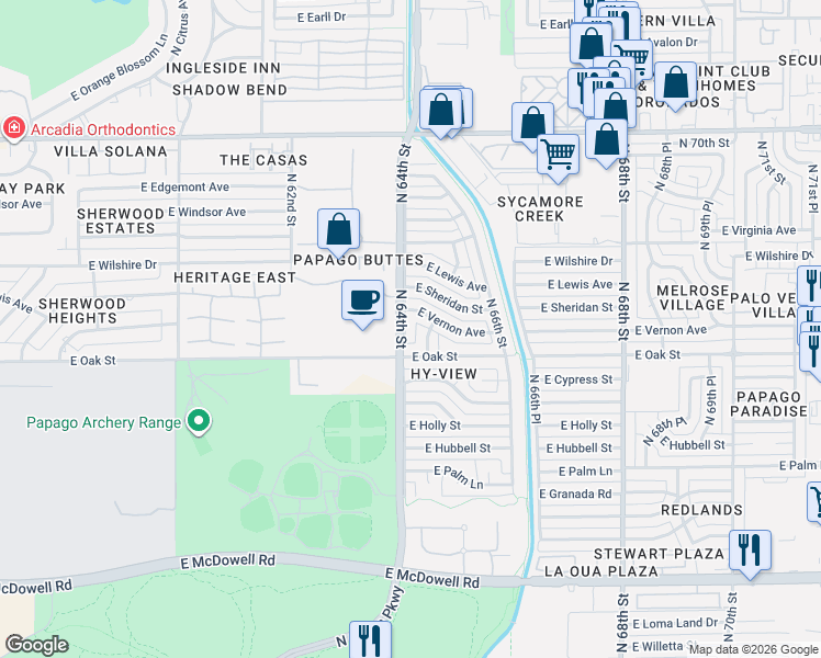 map of restaurants, bars, coffee shops, grocery stores, and more near 2459 North 64th Street in Scottsdale