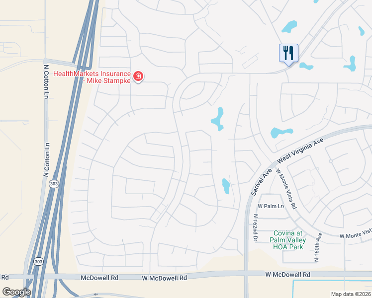 map of restaurants, bars, coffee shops, grocery stores, and more near 2532 North 165th Drive in Goodyear