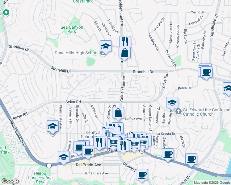 map of restaurants, bars, coffee shops, grocery stores, and more near 24722 Dana Point Drive in Dana Point
