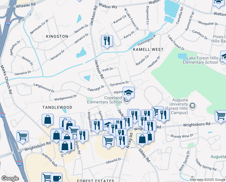 map of restaurants, bars, coffee shops, grocery stores, and more near 1428 Jackson Road in Augusta